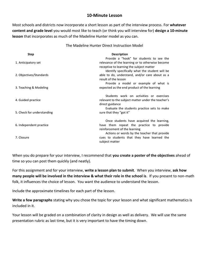 10 Minute Lesson Whatever The Madeline Hunter Direct Pertaining To Madeline Hunter Lesson Plan Blank Template