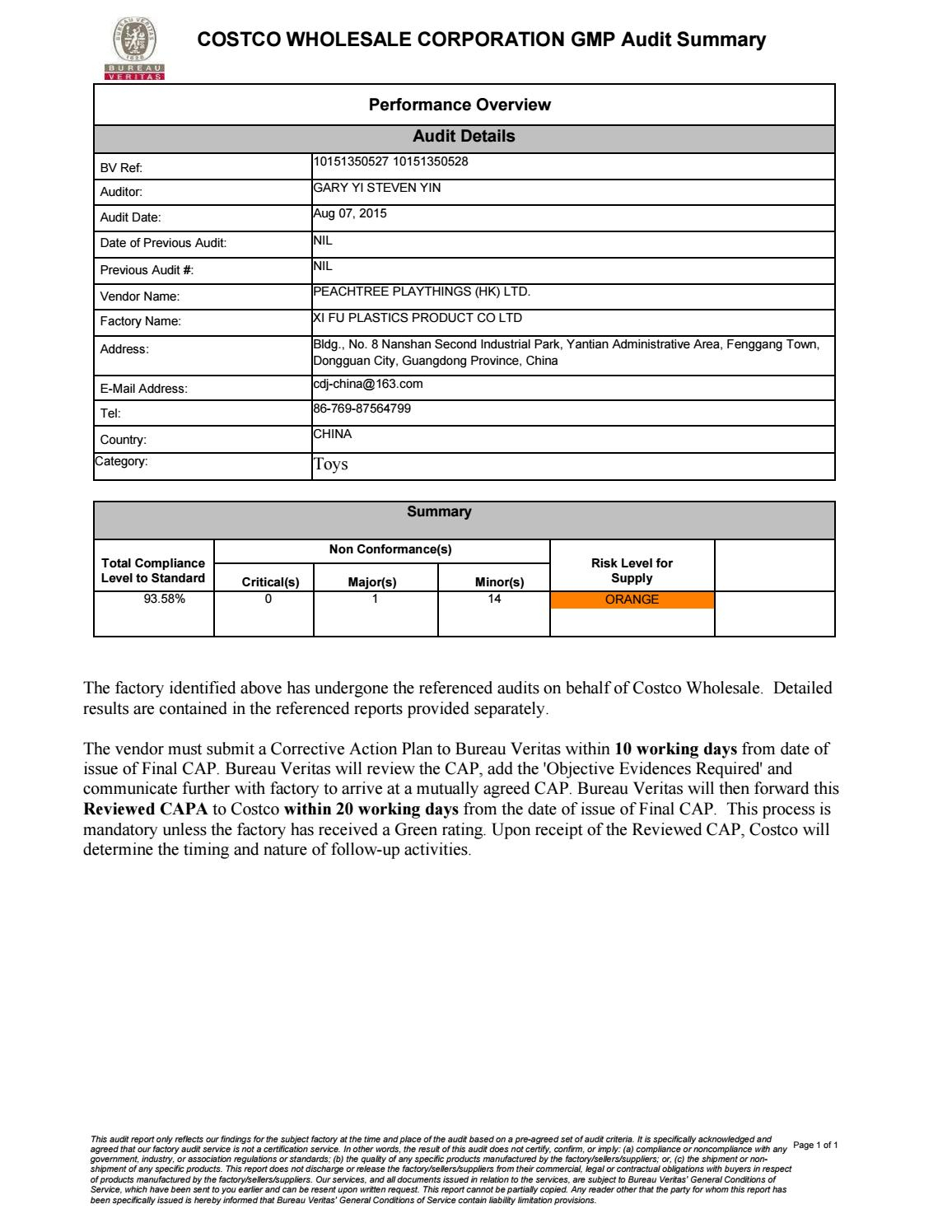 10151350527 & 10151350528 Costco Gmp Reports Xifu (Aug 07 With Regard To Gmp Audit Report Template