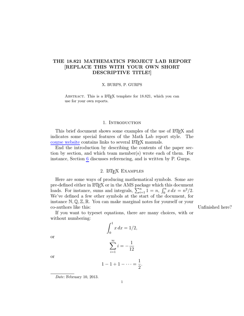 18.821 Mathematics Project Lab Report The [Replace In Latex Template For Report