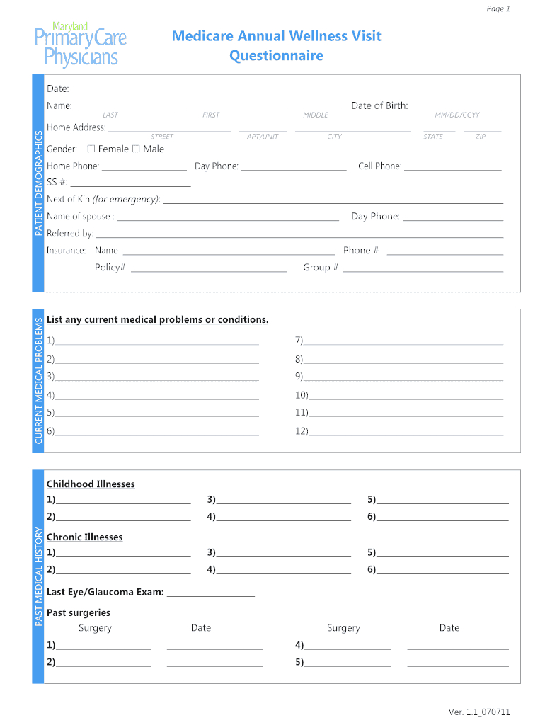 2011 Form Md Primary Care Physicians Medicare Annual Intended For Medicare Annual Wellness Visit Template