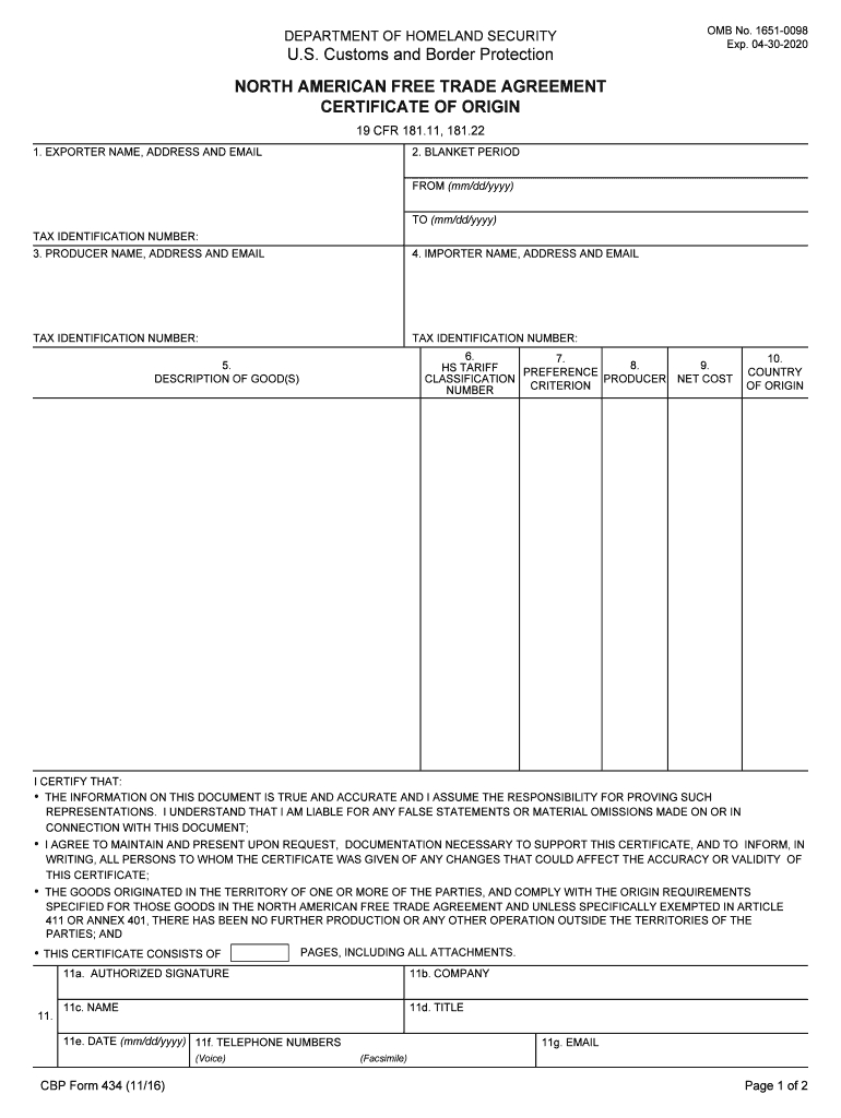 2016 2020 Form Cbp 434 Fill Online, Printable, Fillable Regarding Nafta Certificate Template
