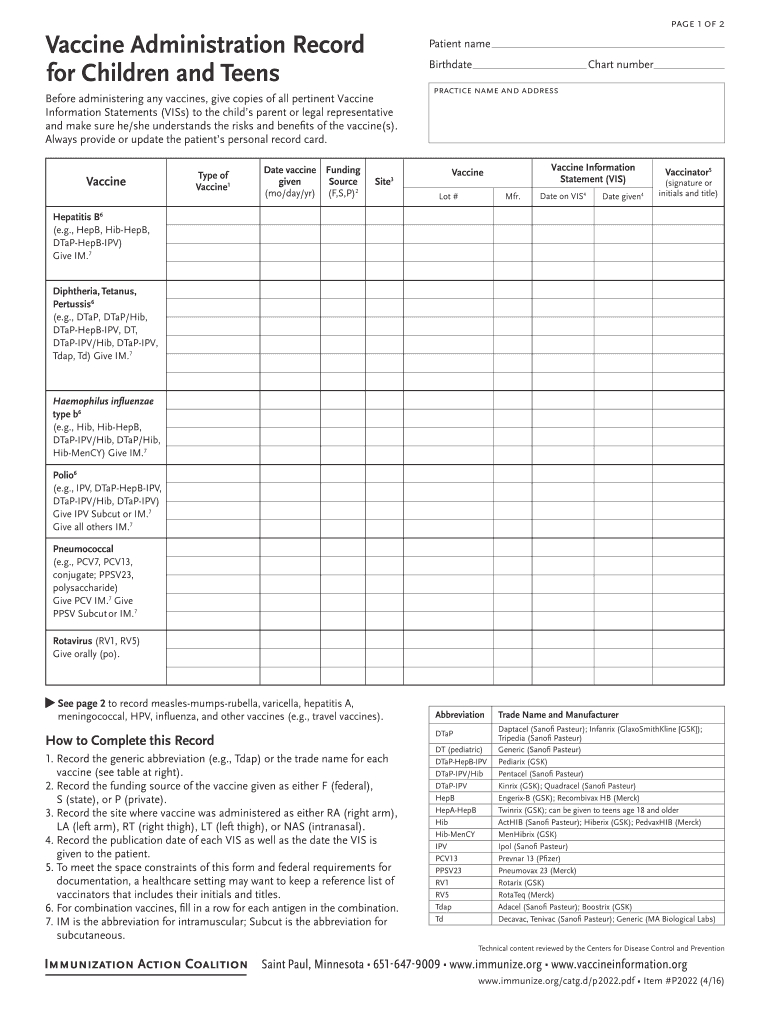 2016 2020 Form Immunize P2022 Fill Online, Printable With Immunization Record Template