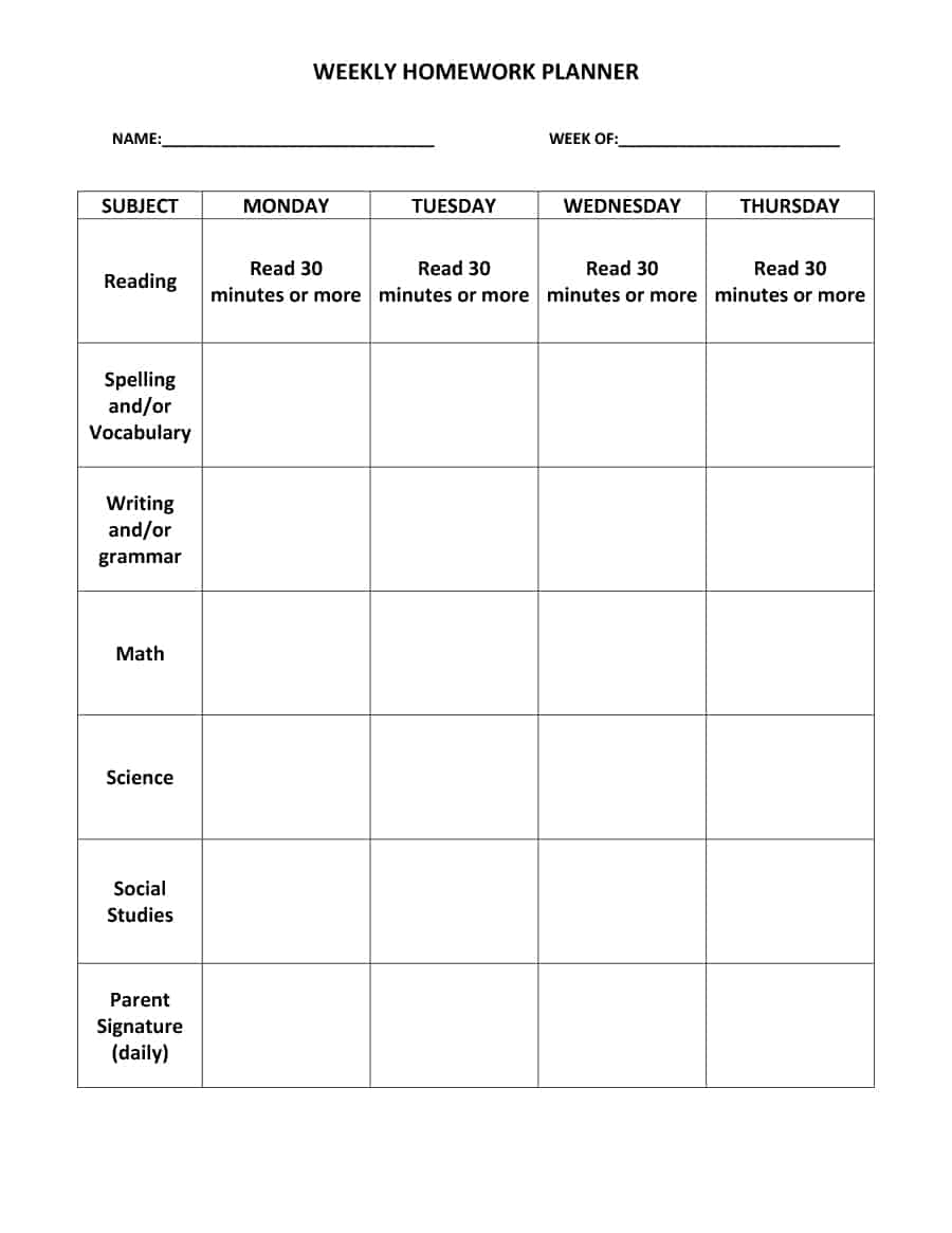 37 Printable Homework Planners (Only The Best) ᐅ Template Lab Throughout Homework Agenda Template