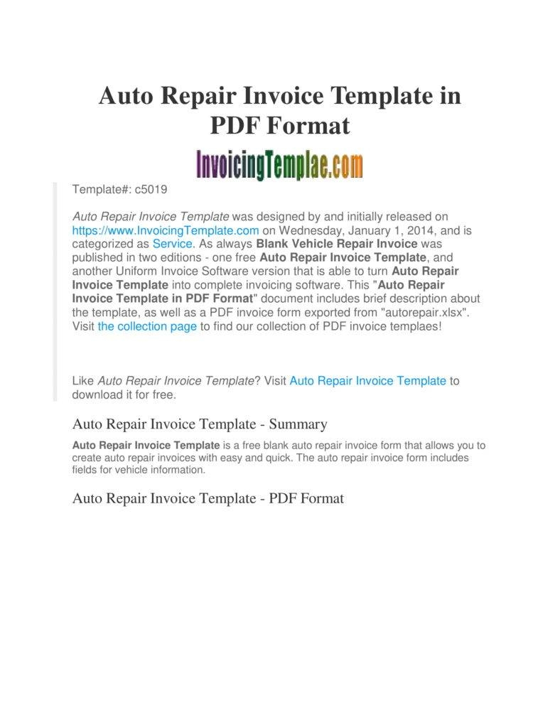 6+ Garage Invoice Templates – Pdf, Word, Excel | Free Regarding Garage Repair Invoice Template