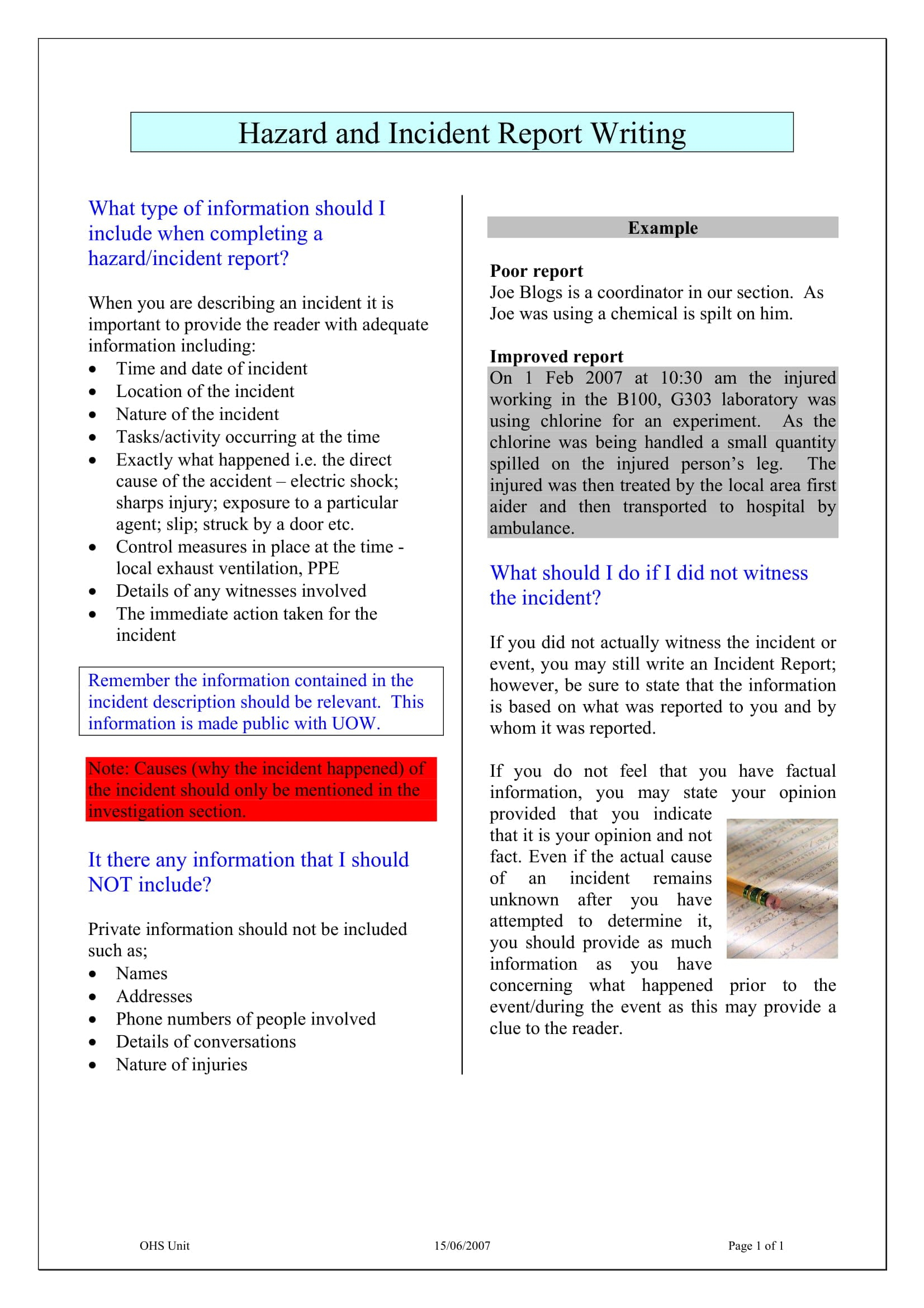 9+ Incident Report Writing Examples – Pdf | Examples For Ohs Incident Report Template Free