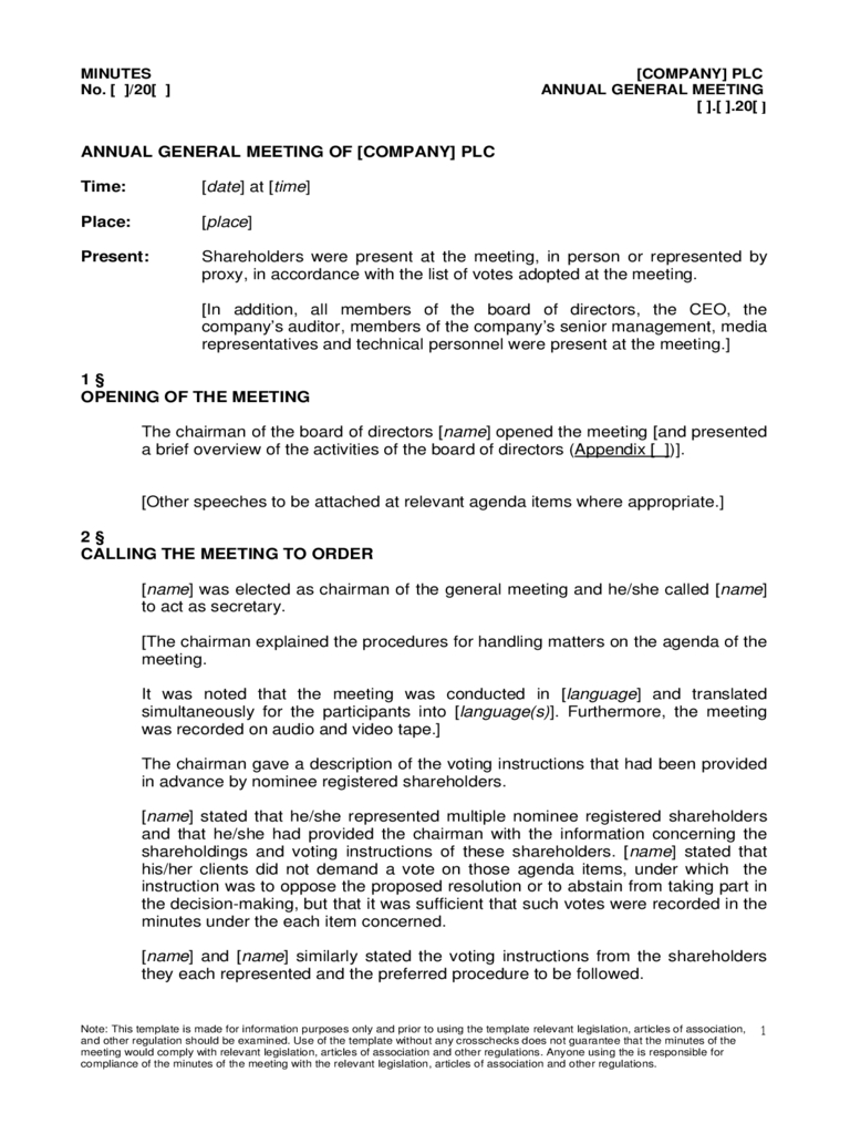 Annual General Meeting Agenda Sample Free Download In Minutes Of Shareholders Meeting Template