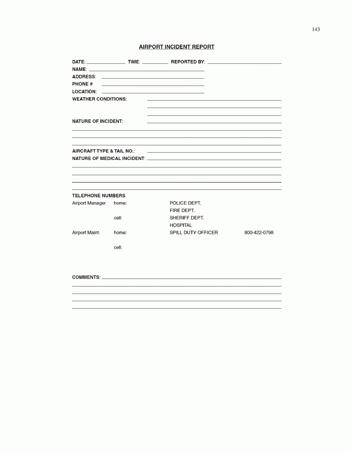 Appendix M – Sample Airport Incident Report Form For Spill For Incident Report Book Template