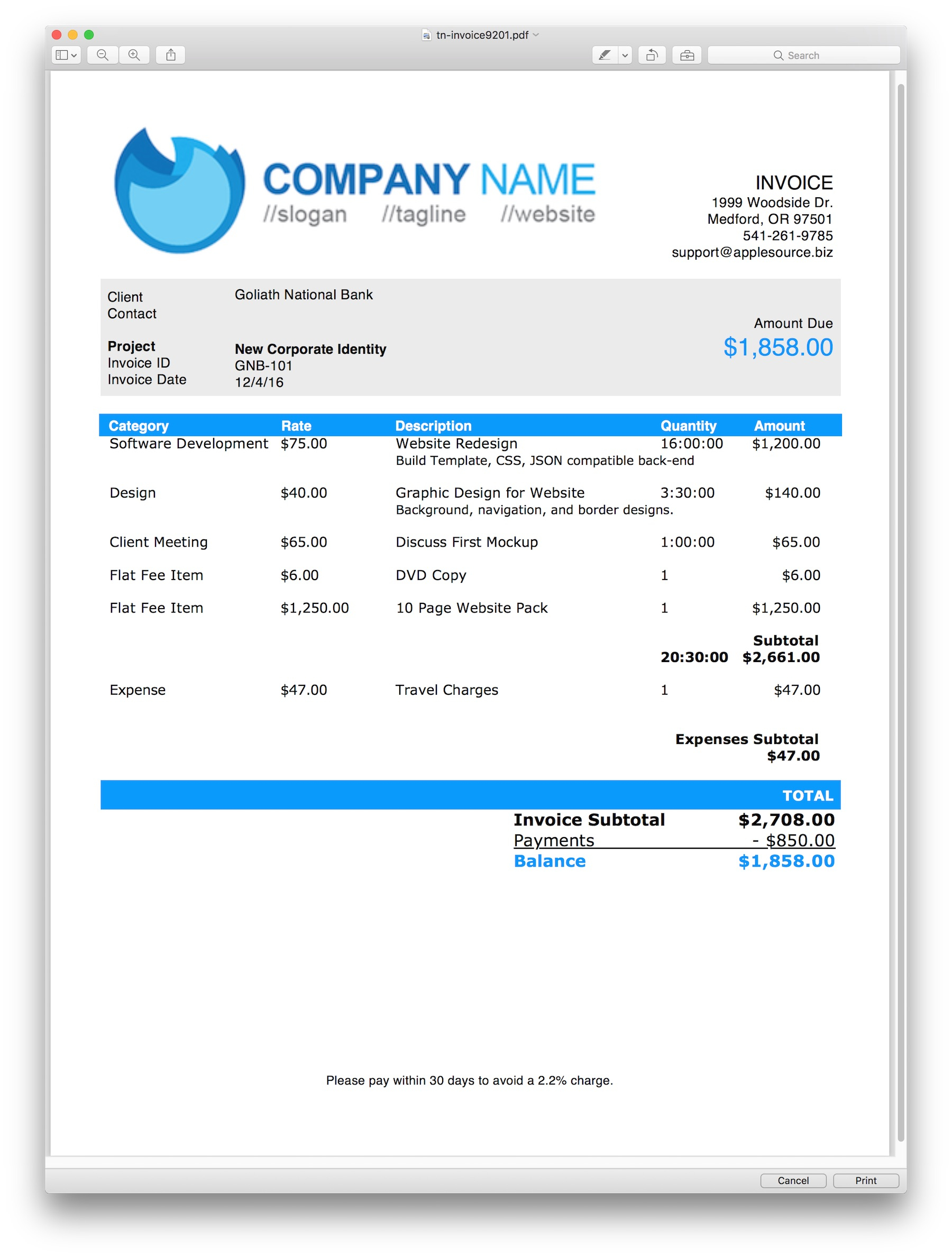 Applesource Software > Timenet Invoice Templates – Time Regarding Invoice Template For Pages