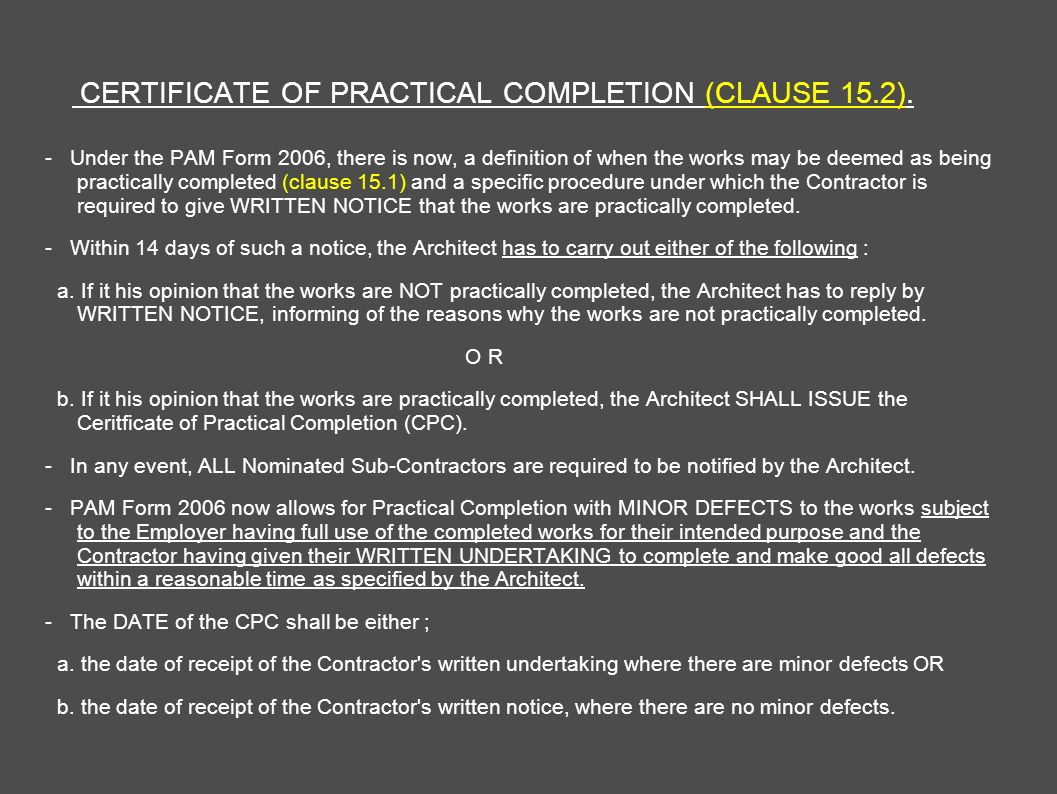 Architect's Certification Under The Pam Contract 2006 Regarding Jct Practical Completion Certificate Template