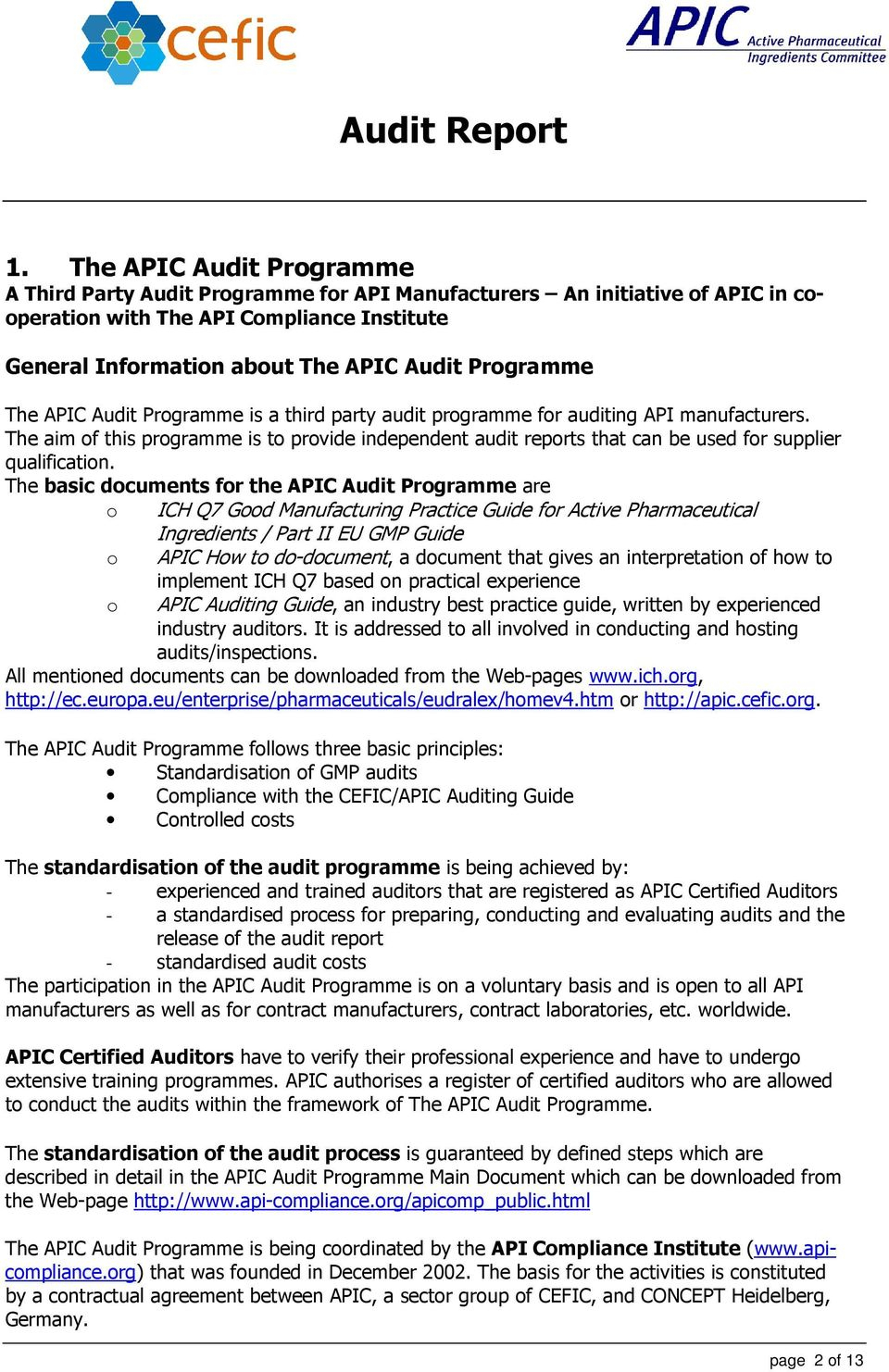 Audit Report In The Framework Of The Apic Audit Programme Inside Gmp Audit Report Template