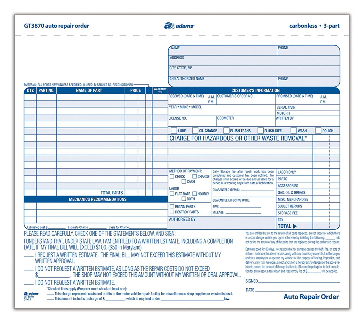 Auto Repair Order Forms, 8.5 X 7.44 Inch, 3 Part, Carbonless, 50 Pack,  White And Canary (Gt3870), Auto Repair Order Form Provides Space For All  Auto Intended For Mechanic Shop Invoice Templates