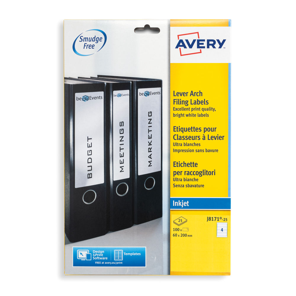 Avery Inkjet Lever Arch Filing Labels 200Mmx60Mm 4 Per Sheet Pertaining To Labels For Lever Arch Files Templates