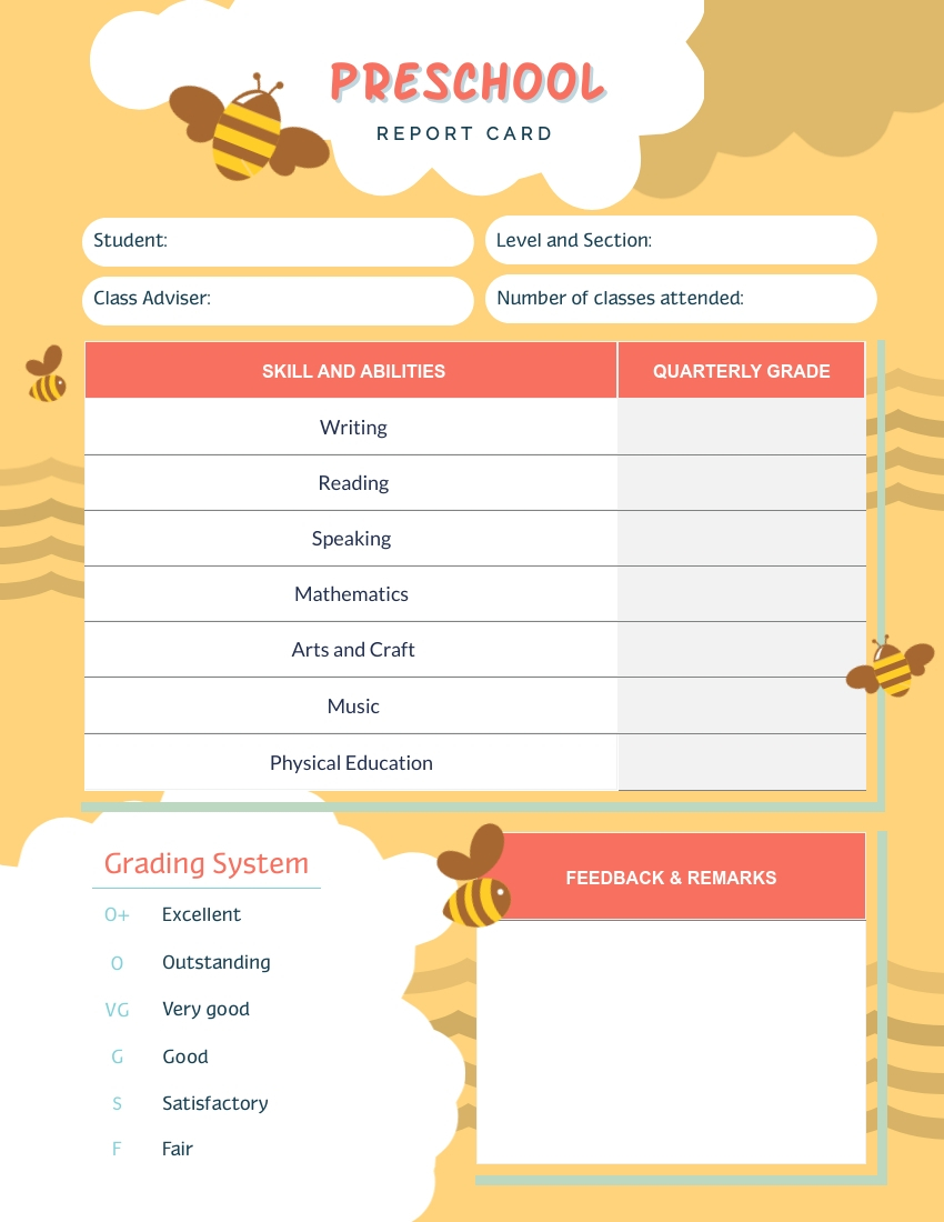Bee Preschool Report Card Template – Visme Inside High School Student Report Card Template