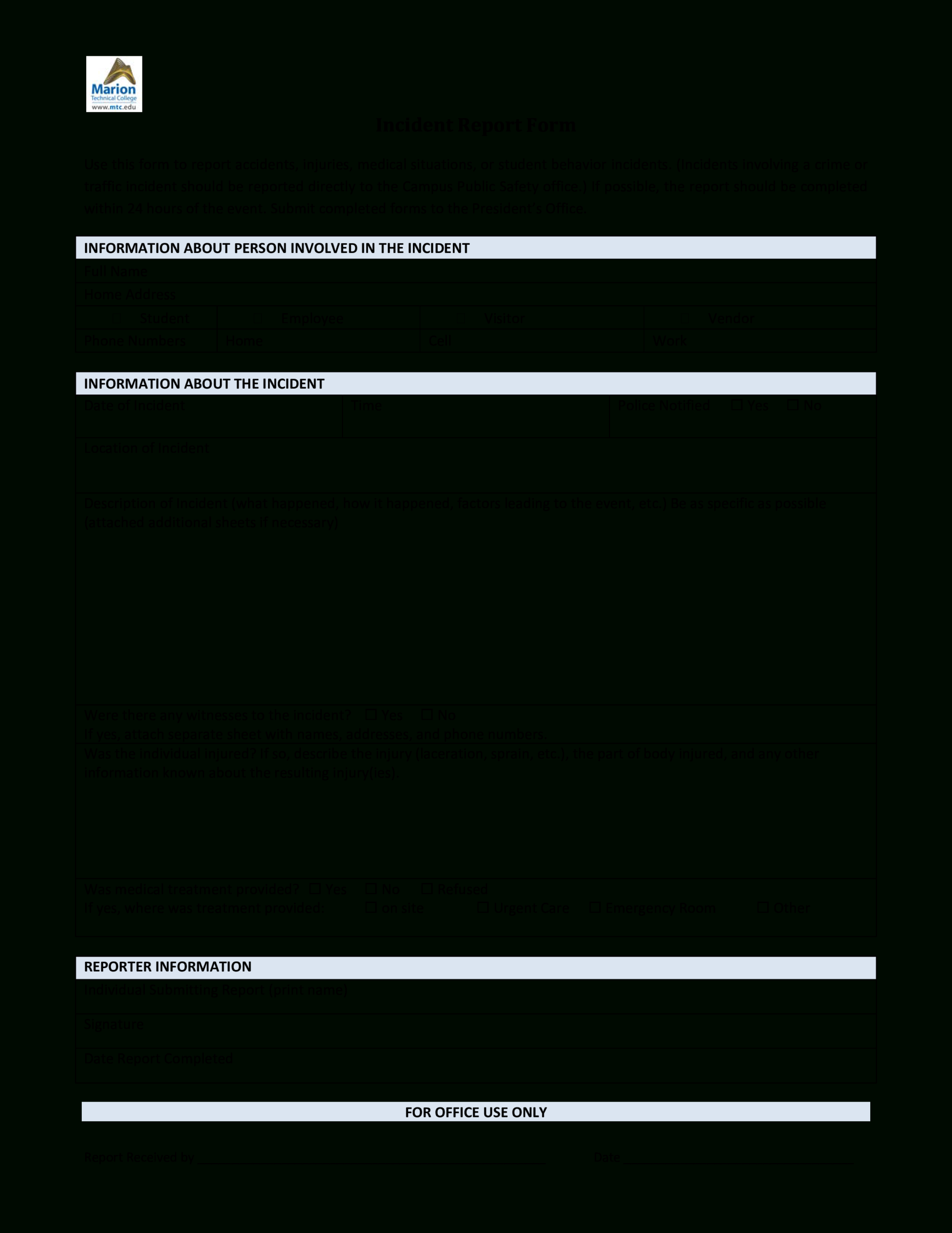 Blank Incident Report Form | Templates At Throughout Office Incident Report Template
