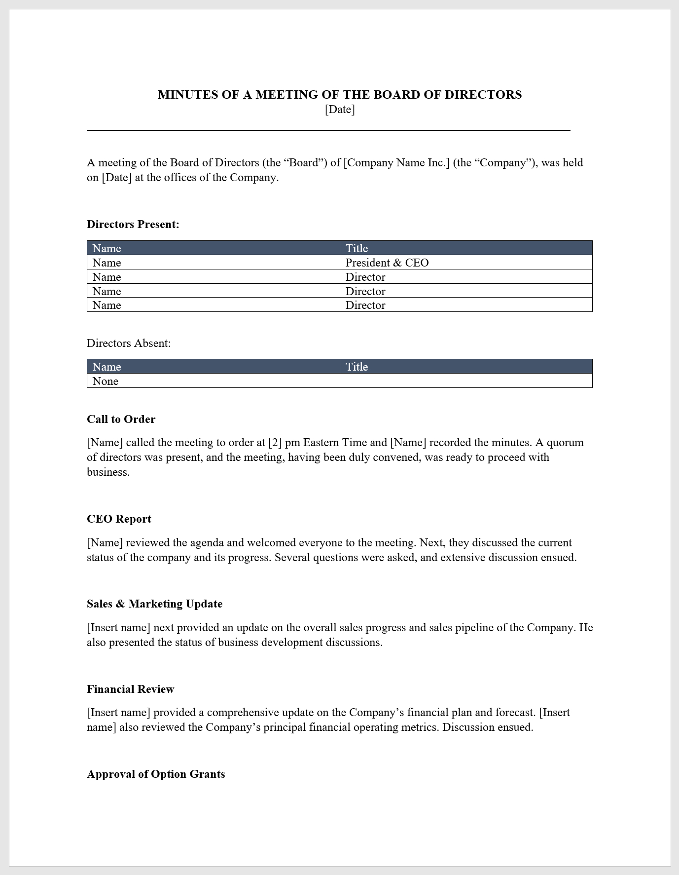 Board Meeting Minutes Template – Download From Cfi Marketplace Intended For Meeting Minutes Template Microsoft Word
