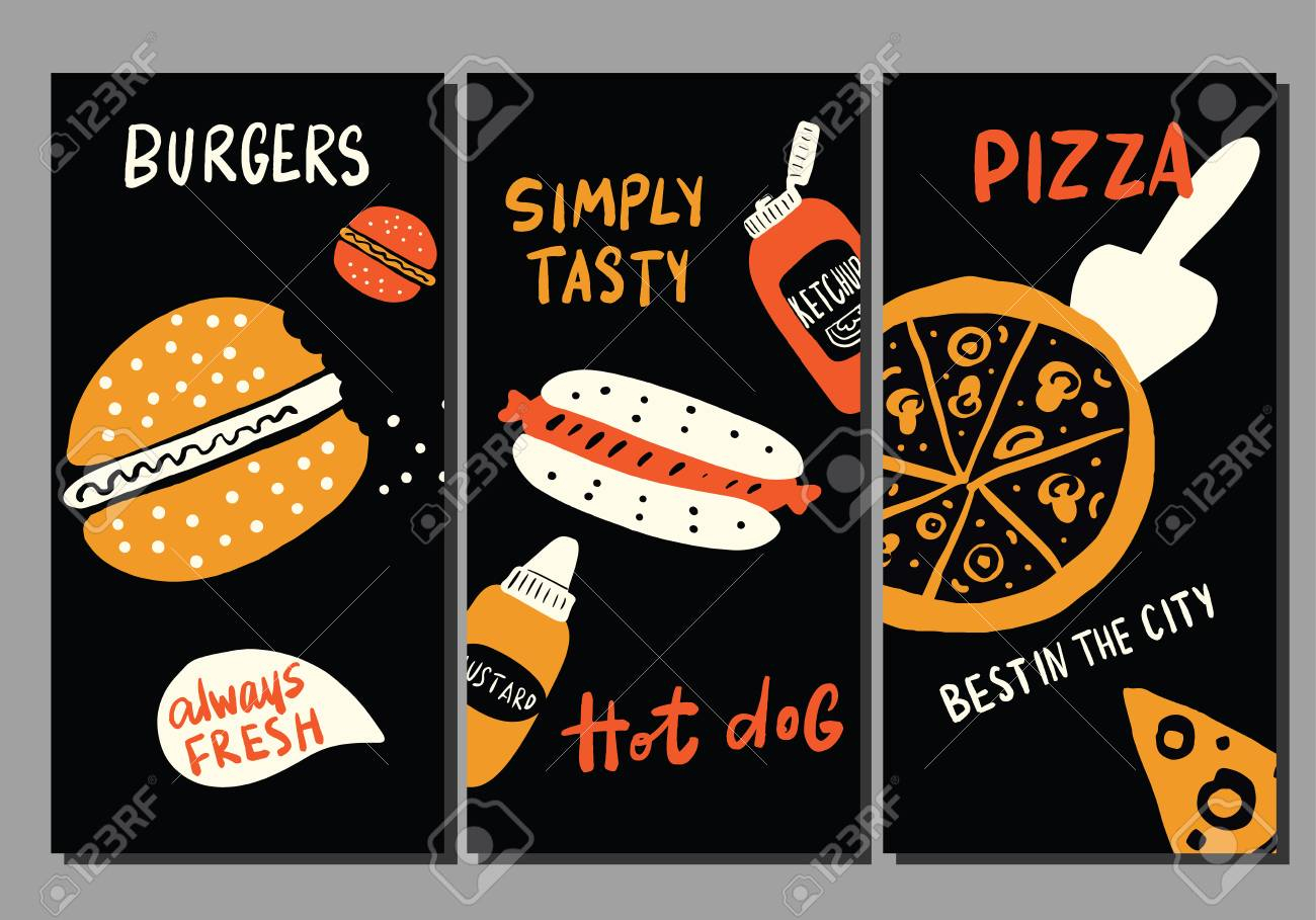 Burger, Hot Dog, Pizza. Set Of Funny Hand Drawn Flyer Templates For Hot Dog Flyer Template