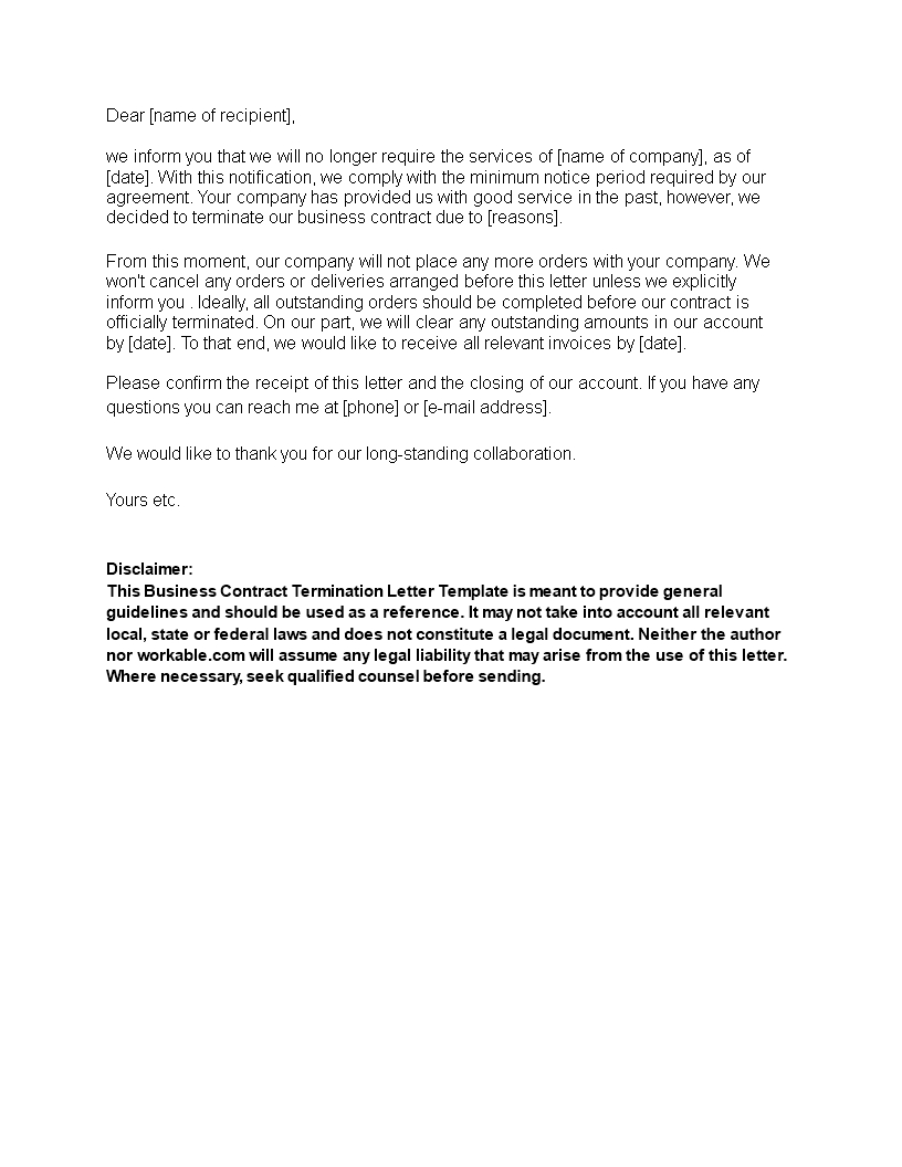 Business Contract Termination Letter Sample | Templates At With How To Make A Business Contract Template