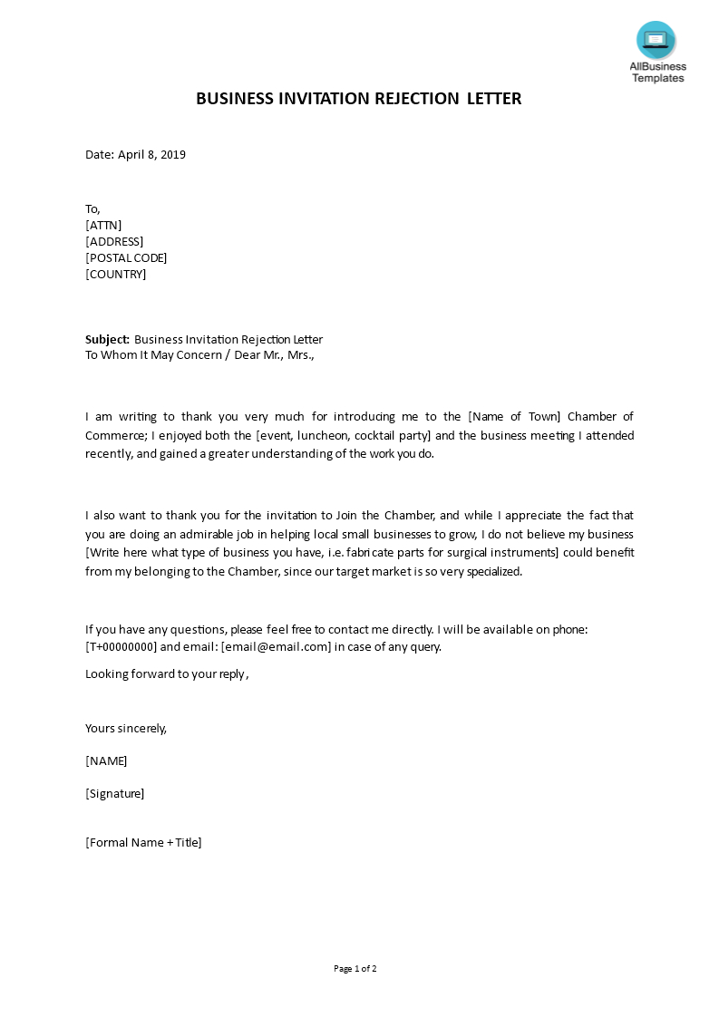 Business Invitation Rejection Letter In Word | Templates At With Regard To Microsoft Word Business Letter Template