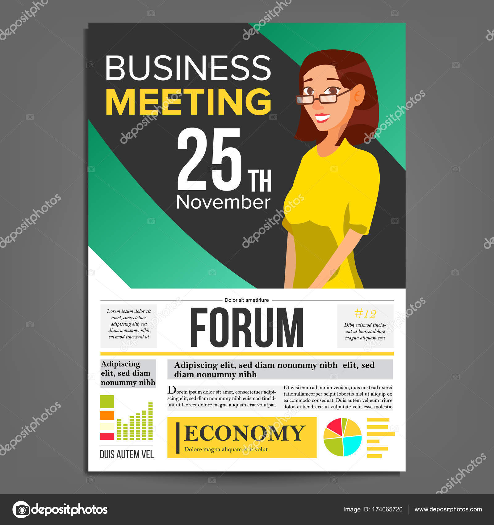 Business Meeting Poster Vector. Business Woman. Invitation With Meeting Flyer Template