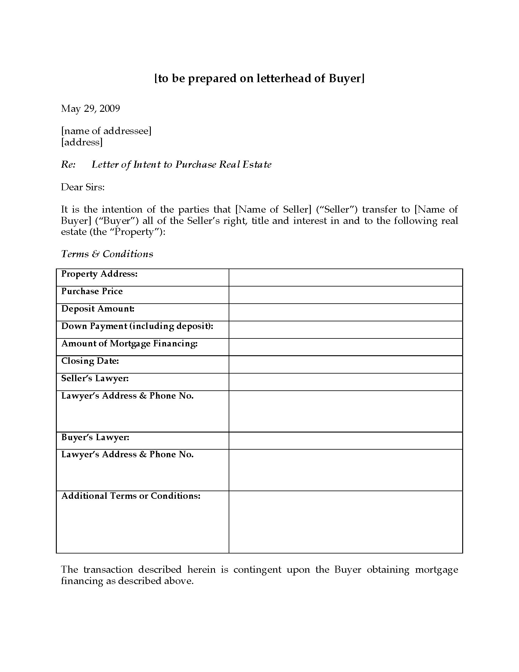 Canada Letter Of Intent To Purchase Real Estate Inside Letter Of Intent For Real Estate Purchase Template