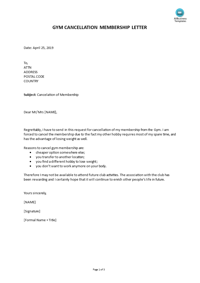 Cancel Gym Membership Letter | Templates At With Gym Membership Cancellation Letter Template Free