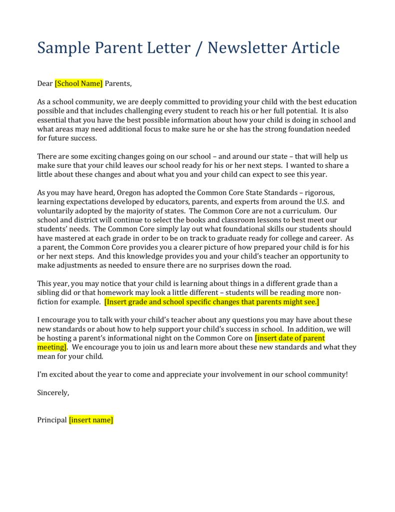 Ccss Sample Parent Letter – Oregon Department Of Education Throughout Letter To Parents Template From Teachers