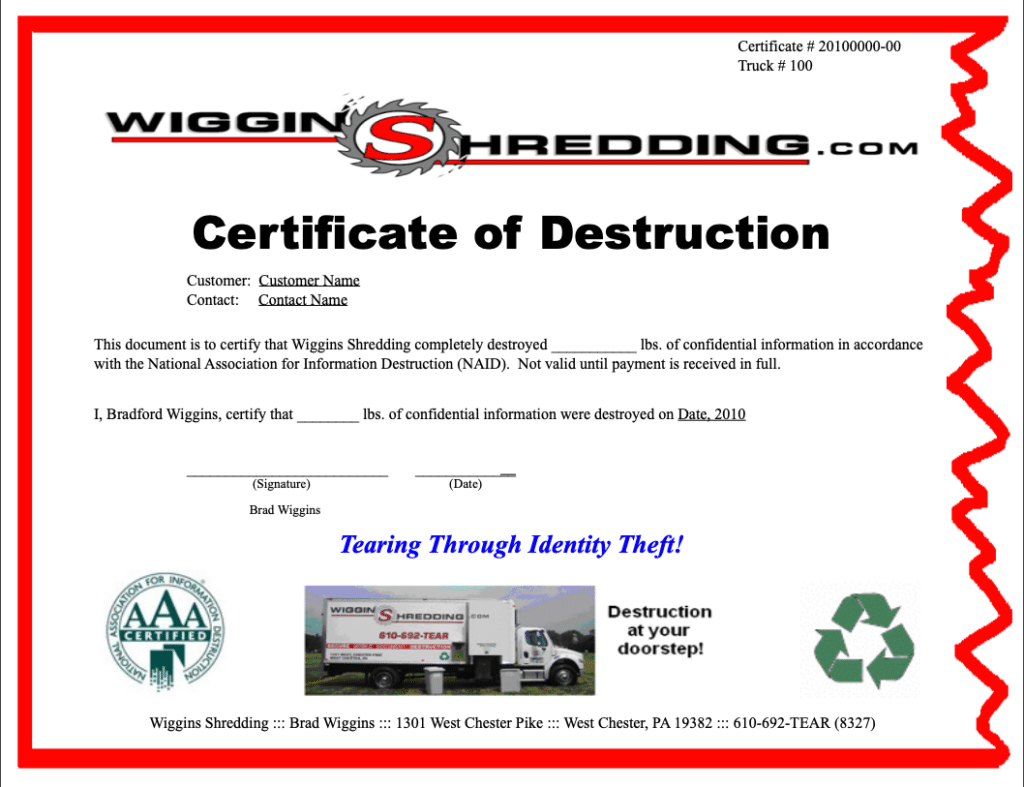 Certificate Of Destruction – Wiggins Shredding With Regard To Hard Drive Destruction Certificate Template