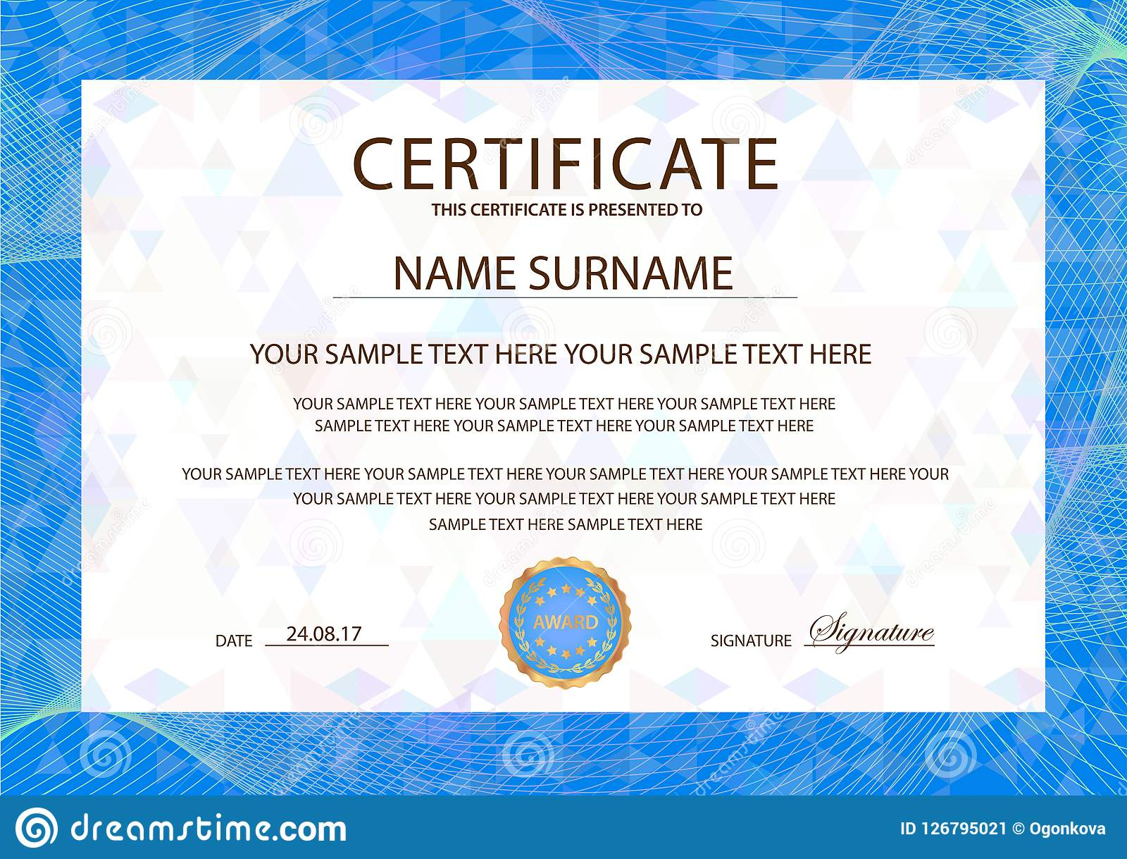 Certificate Vector Template. Formal Secured Blue Border With Officer Promotion Certificate Template