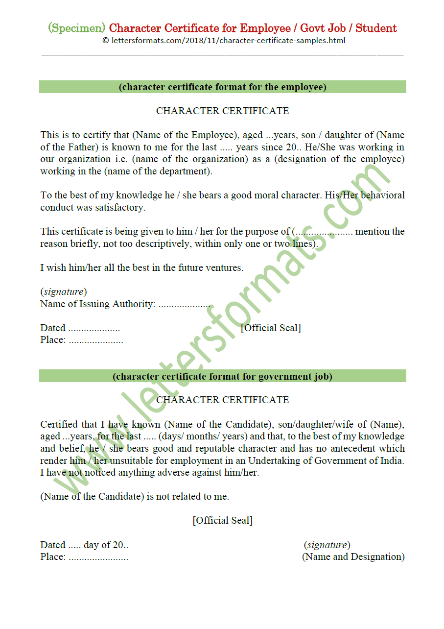 Character Certificate For Employee / Govt Job / Student (Sample) In Good Conduct Certificate Template