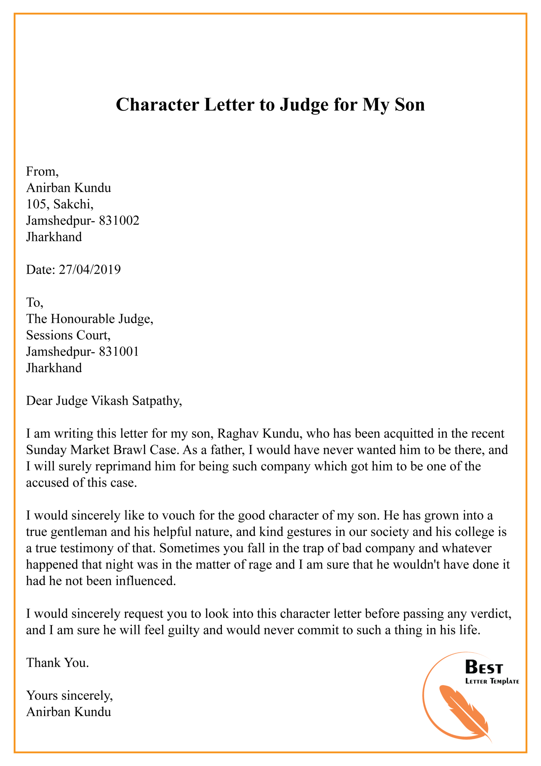 Character Letter To Judge For My Son 01 | Best Letter Template In Letter To Judge Template