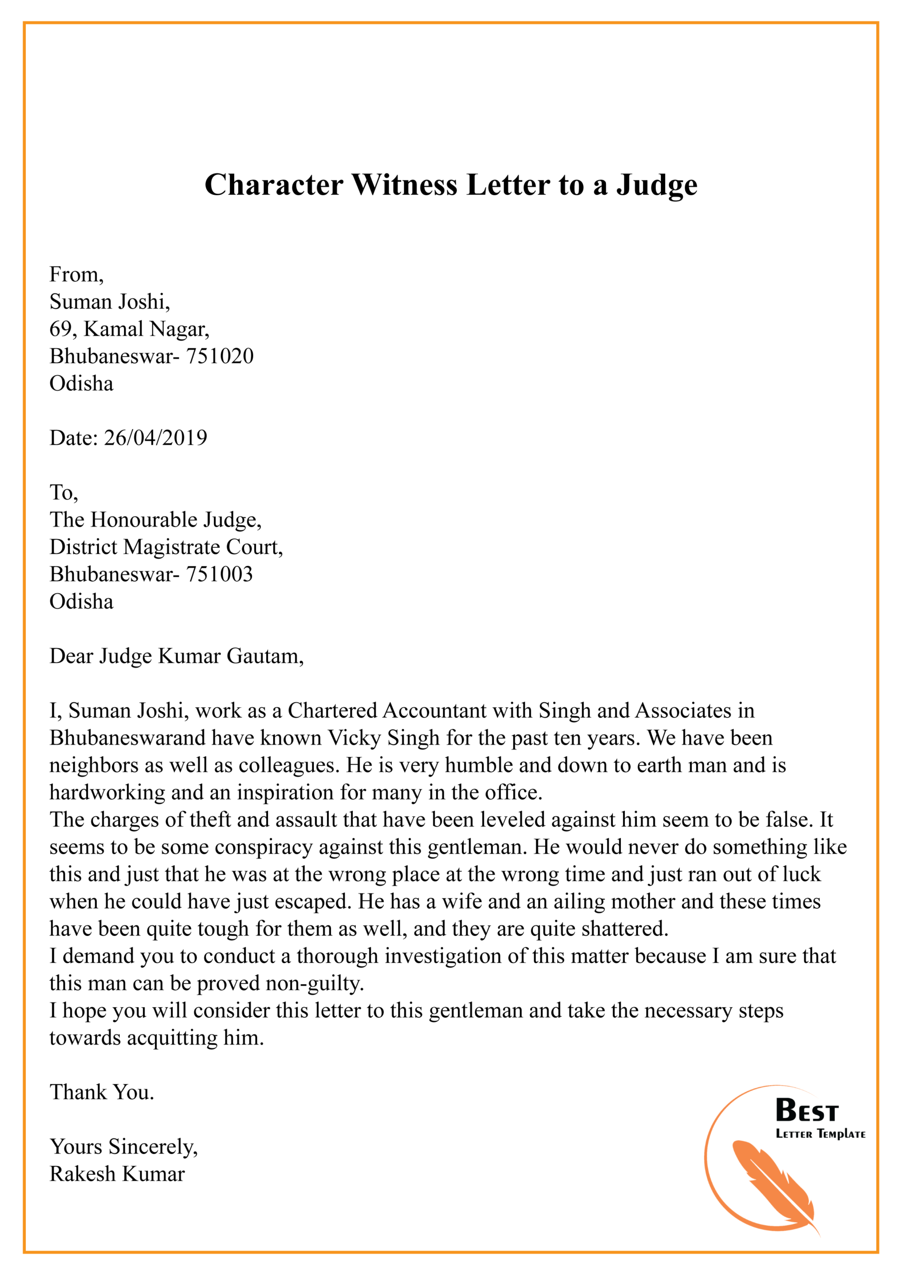 Character Witness Letter To A Judge 01 | Best Letter Template With Letter To A Judge Template
