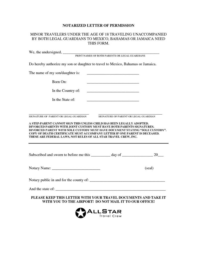 Child Travel Consent Form Word Doc Unique Notarized Letter Throughout Notarized Letter Template For Child Travel