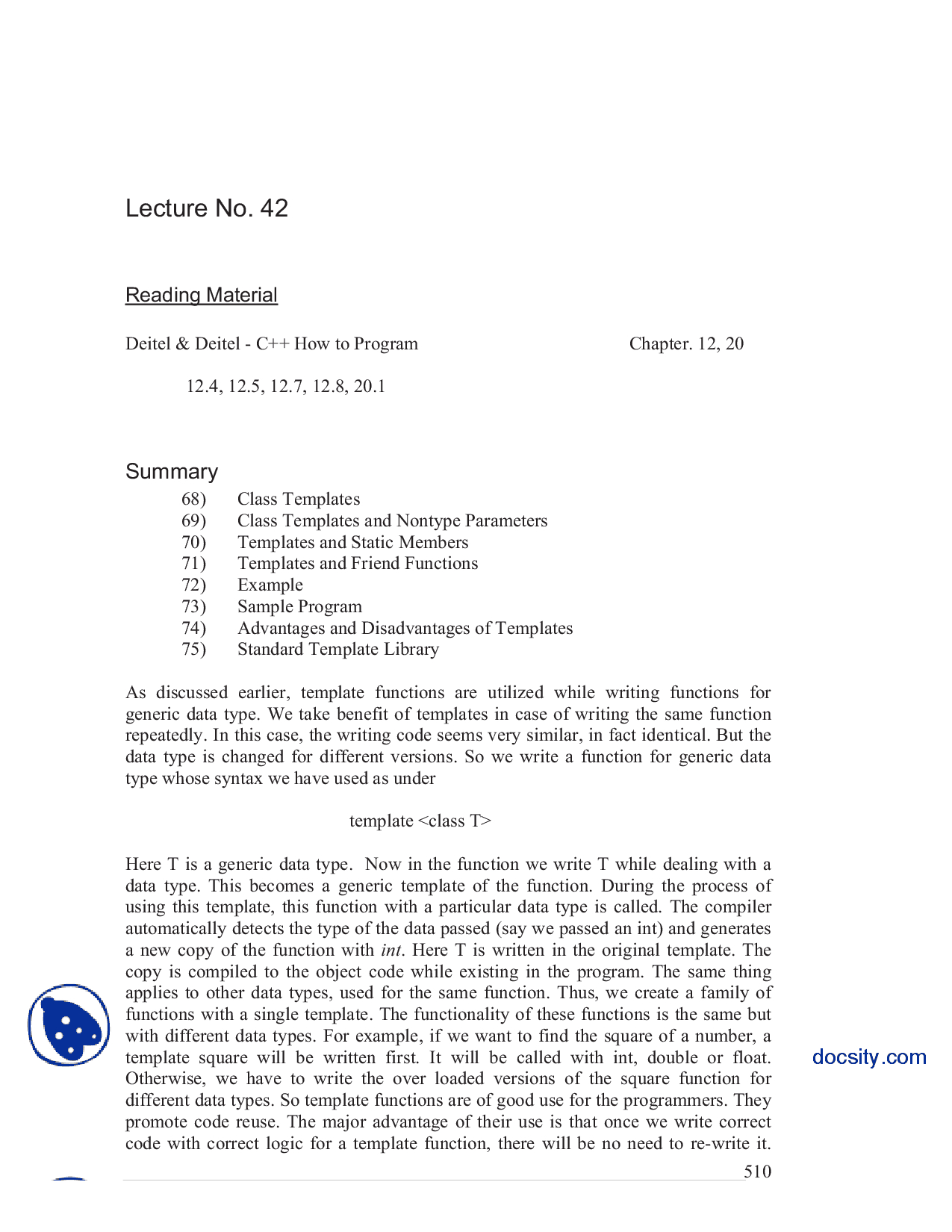 Class Templates Introduction To Programming Lecture Notes Intended For Lecture Note Template