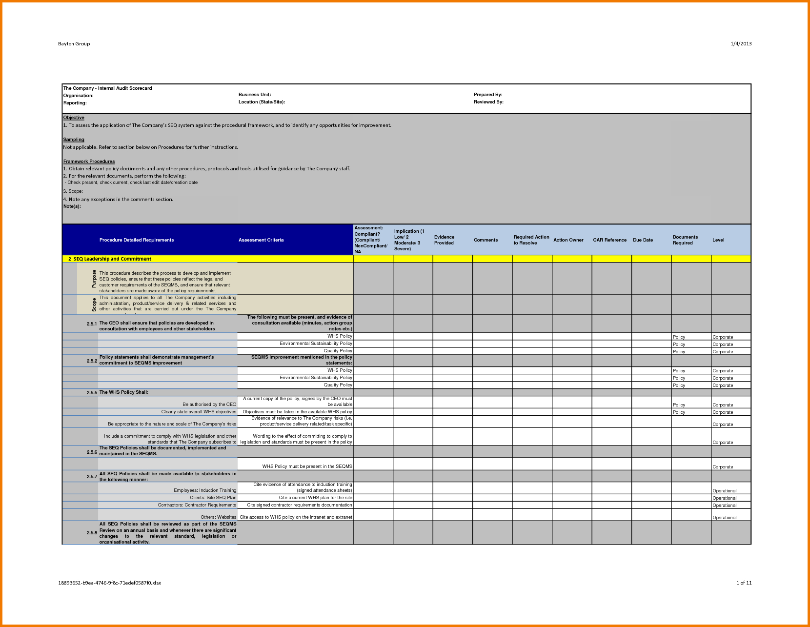 Company Internal Auditing Activity Checklist Professional Regarding Iso 9001 Internal Audit Report Template