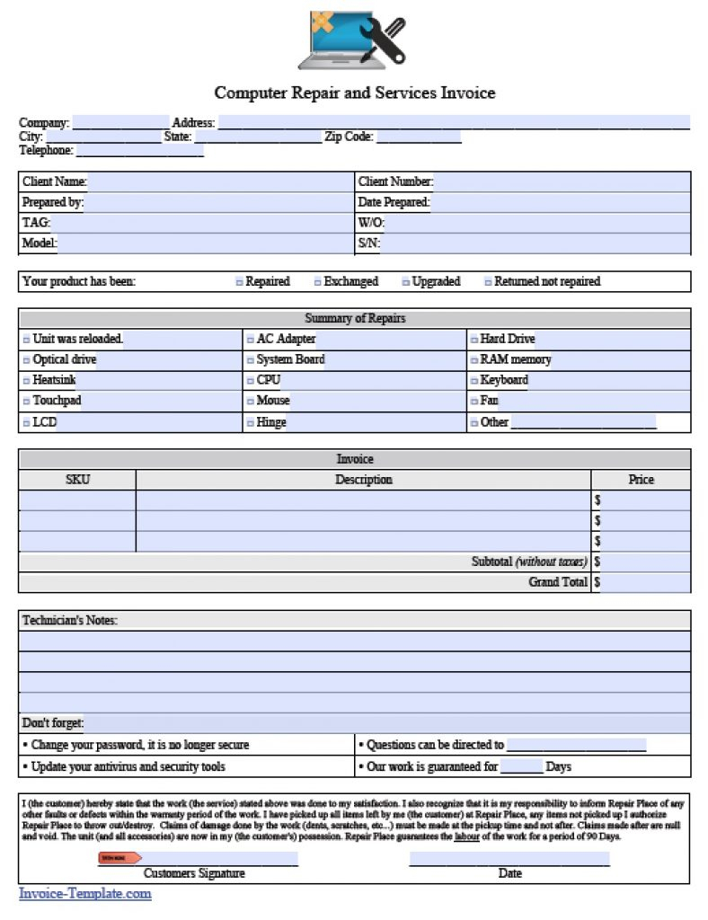 Computer Repair Invoice Template Pdf | Invoice Example Within Mechanics Invoice Template