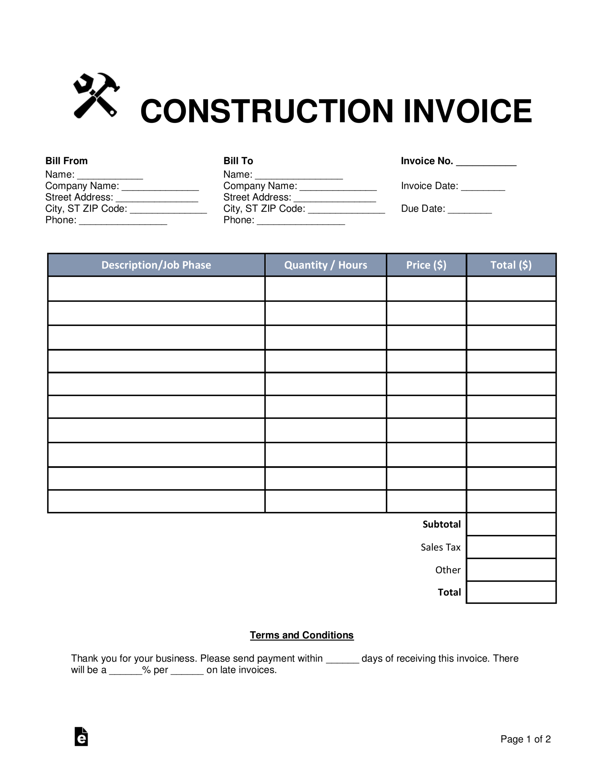 Construction Invoice Sample – Colona.rsd7 Intended For Invoice Template For Builders