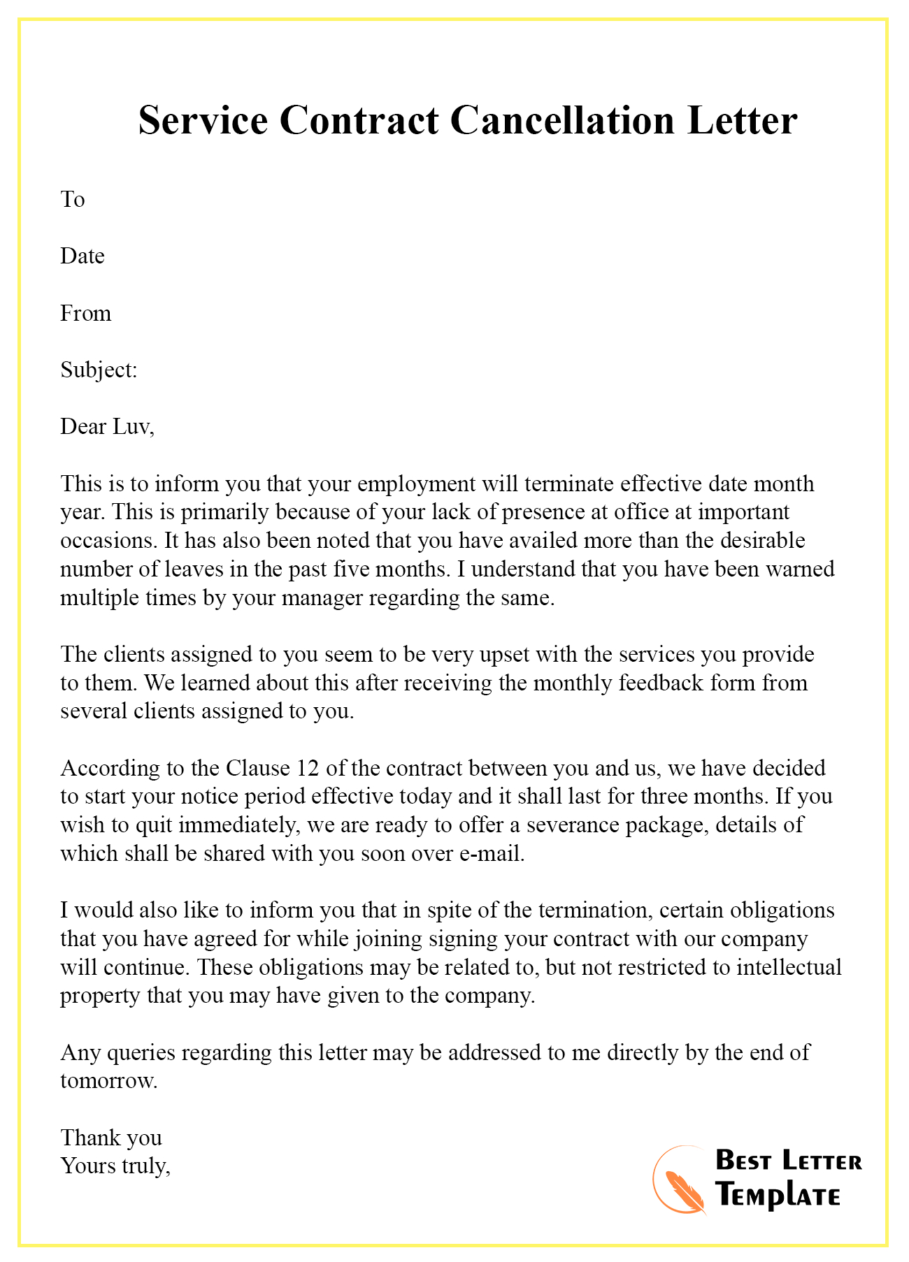 Contract Cancellation Letter Sample – Yerde Throughout Gym Membership Cancellation Letter Template Free