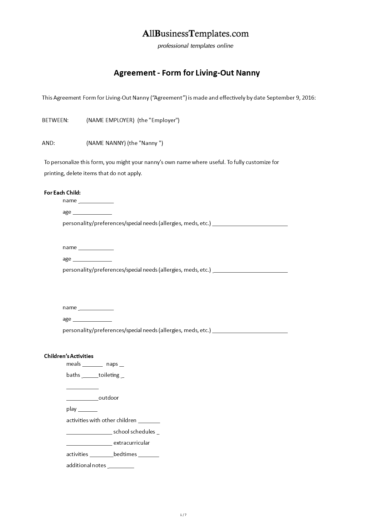 Contract Form For Living Out Nanny | Templates At Throughout Nanny Notes Template