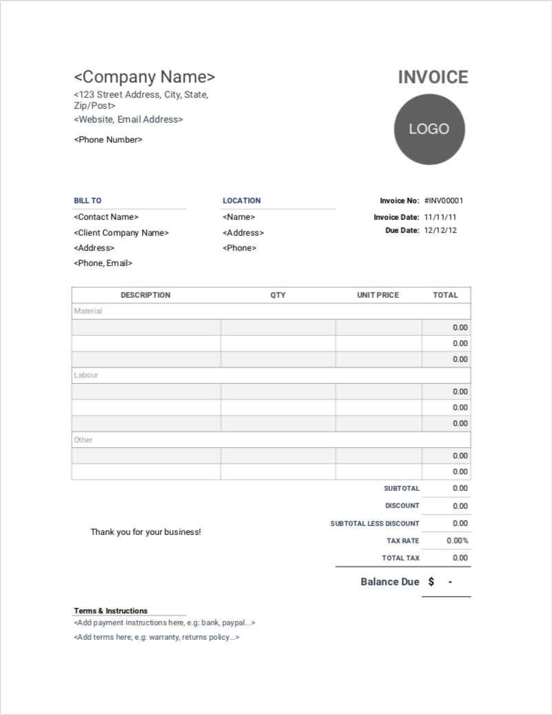 Contractor Invoice Templates | Free Download | Invoice Simple Inside Labor Invoice Template Word