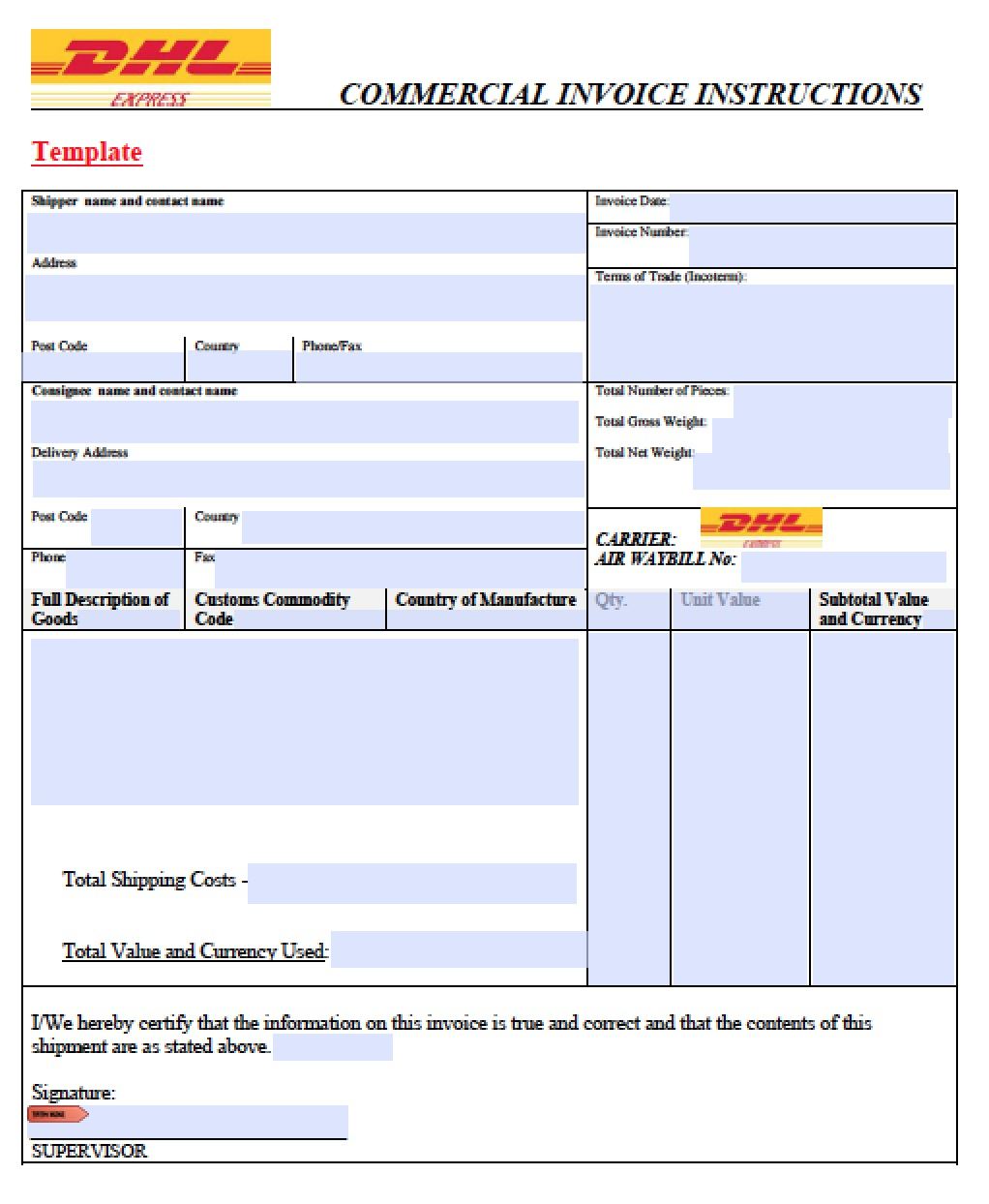 Dhl Commercial Invoice Template | Invoice Example For International Shipping Invoice Template