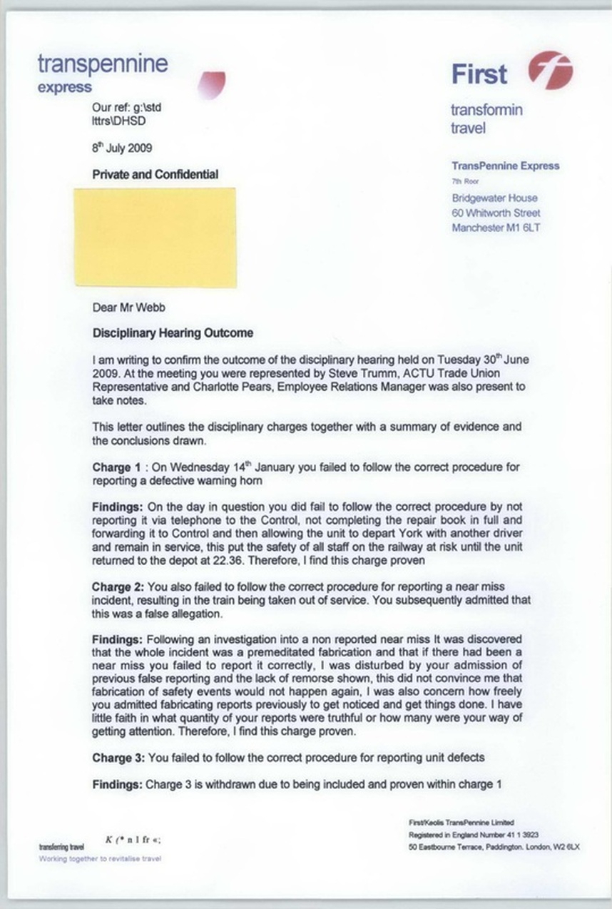 Disciplinary Hearing Outcome Letter - Transpennine Express Intended For Investigation Report Template Disciplinary Hearing