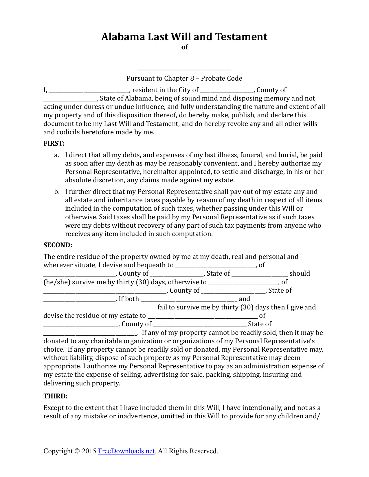 Download Alabama Last Will And Testament Form | Pdf | Rtf With Regard To Last Will And Testament Template Florida