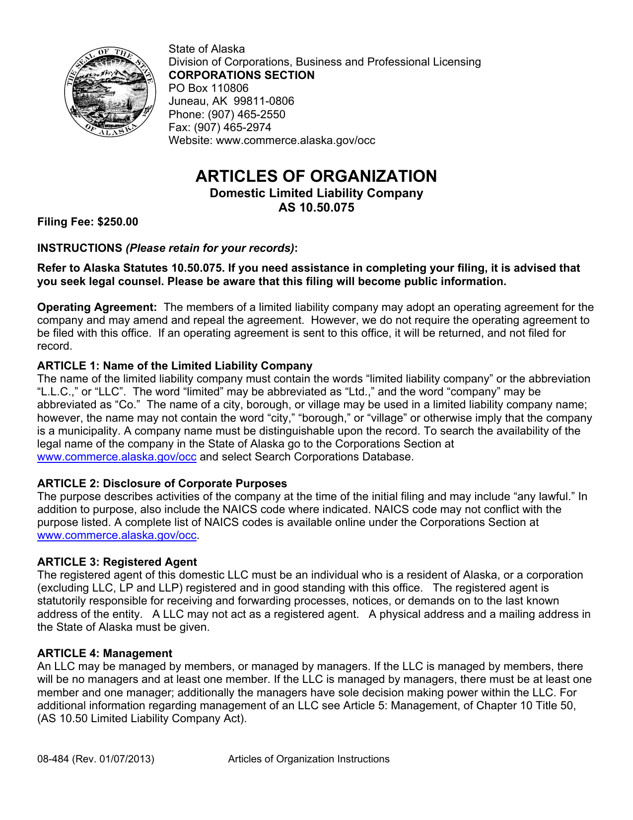 Download Alaska Domestic Llc Articles Of Organization | Form Intended For Llc Articles Of Organization Template