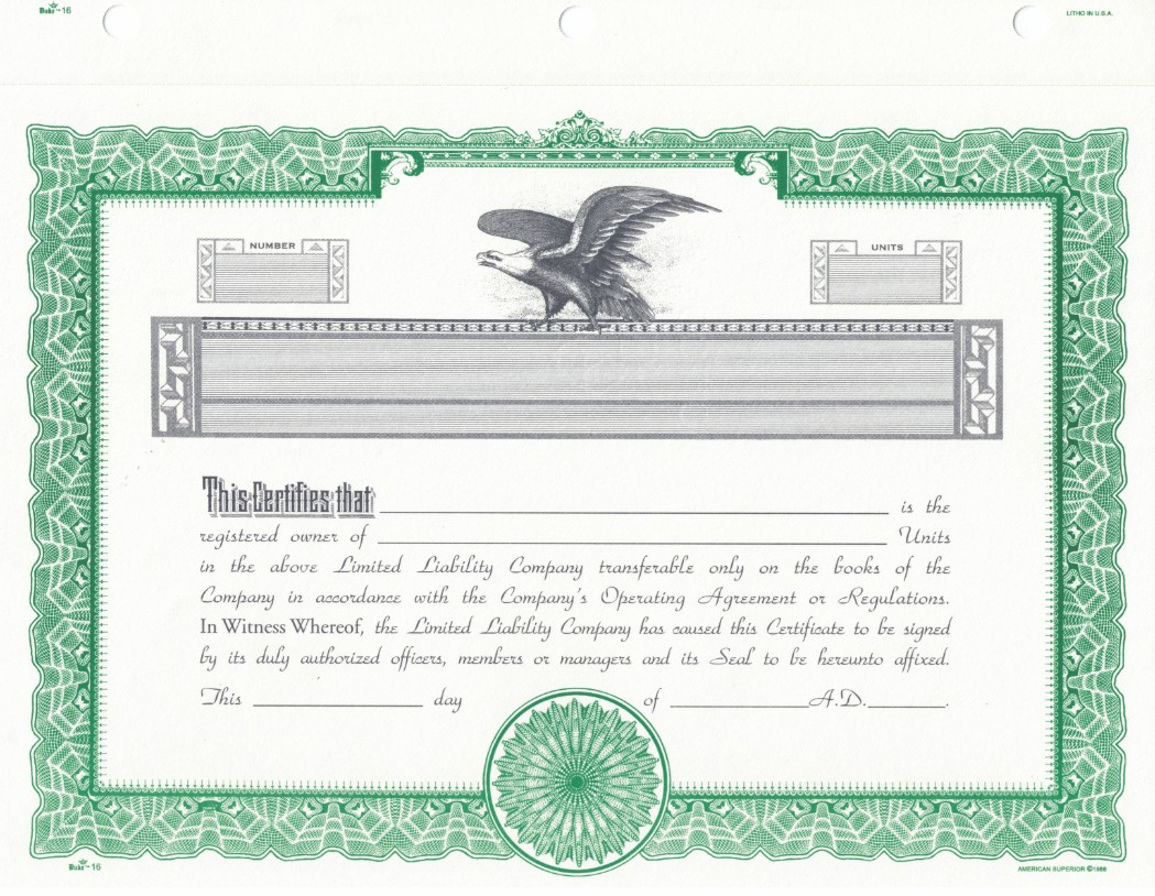Duke 16 Limited Liability Company Certificates, Blank With Llc Membership Certificate Template