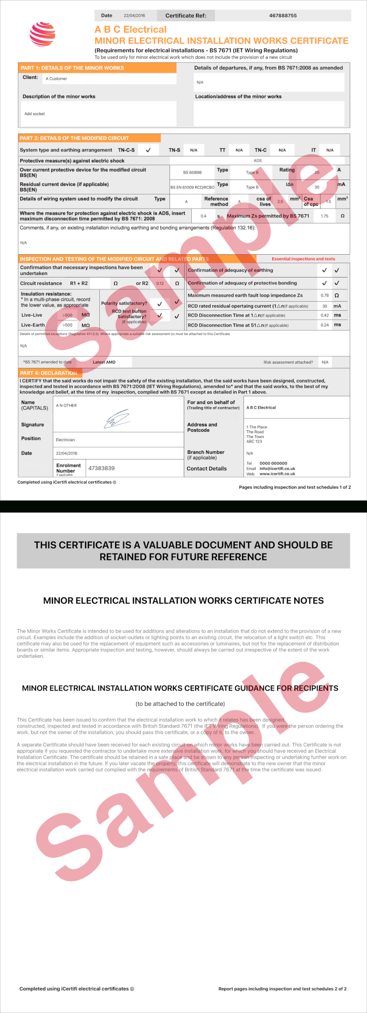 Electrical Certificate - Example Minor Works Certificate For Minor Electrical Installation Works Certificate Template