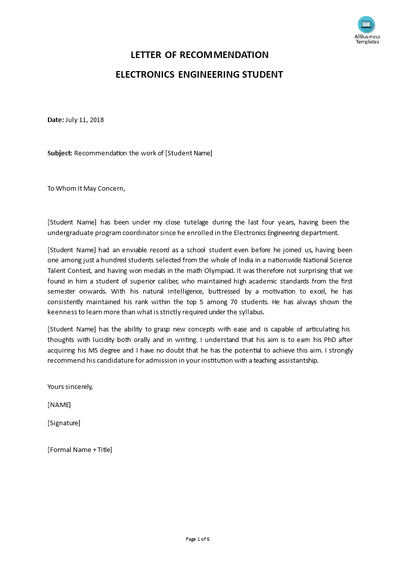 Electro Engineer Letter Of Recommendation | Templates At In Letter Of Recomendation Template