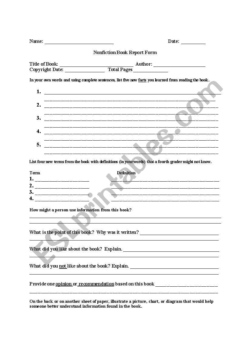 English Worksheets: Non Fiction Book Report Form With Regard To Nonfiction Book Report Template