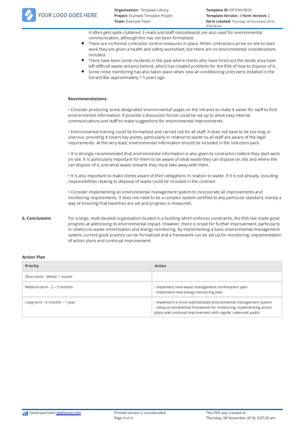 Environmental Audit Report Example [A Free And Editable Intended For Information System Audit Report Template