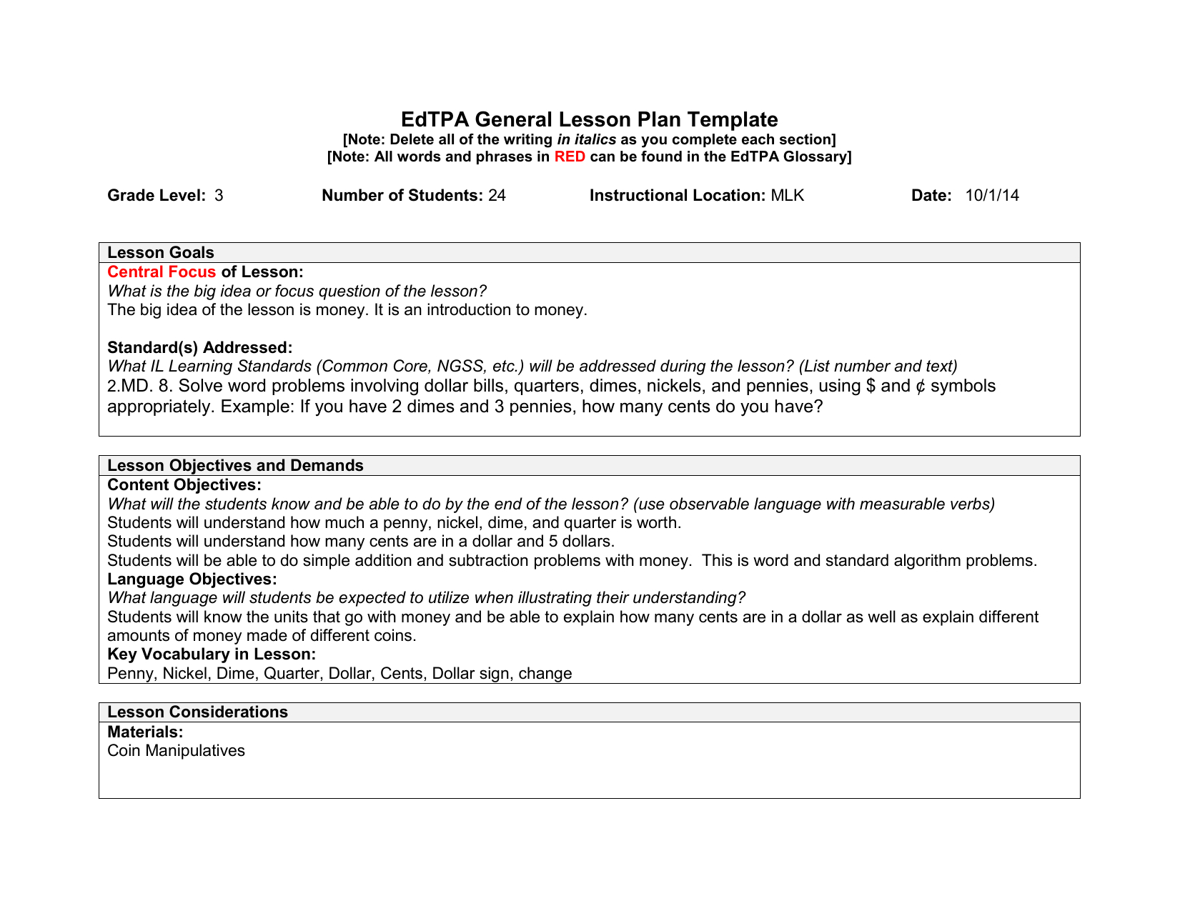 Example 3 Of Edtpa Lesson Plan File With Regard To Learning Focused Lesson Plan Template