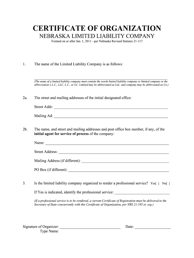 Fillable Online Nebraska Articles Of Organization For Regarding Llc Articles Of Organization Template